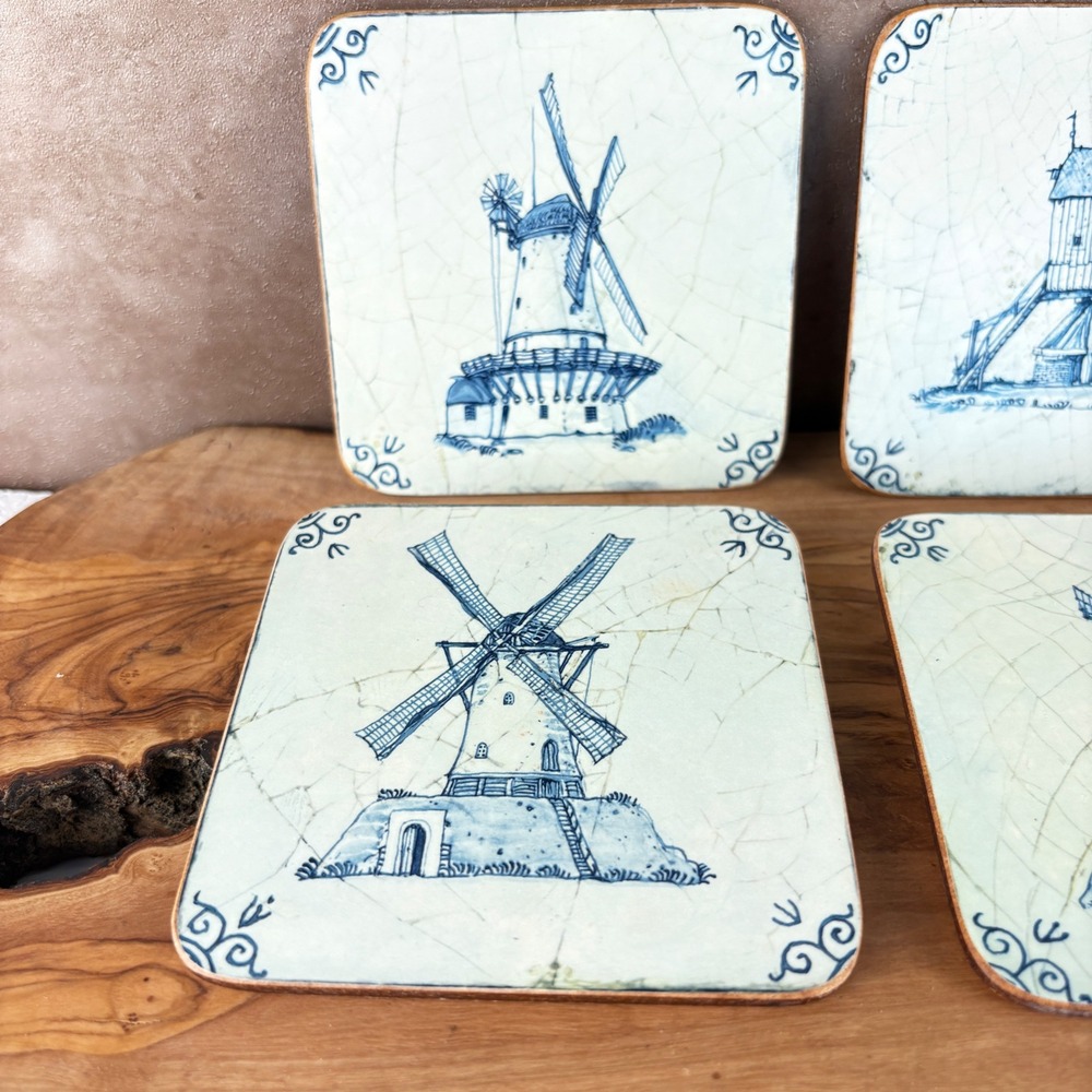Vintage Pimpernel Windmill Acrylic Coasters Set of 6 Blue White Delft Style UK - Picture 3 of 13